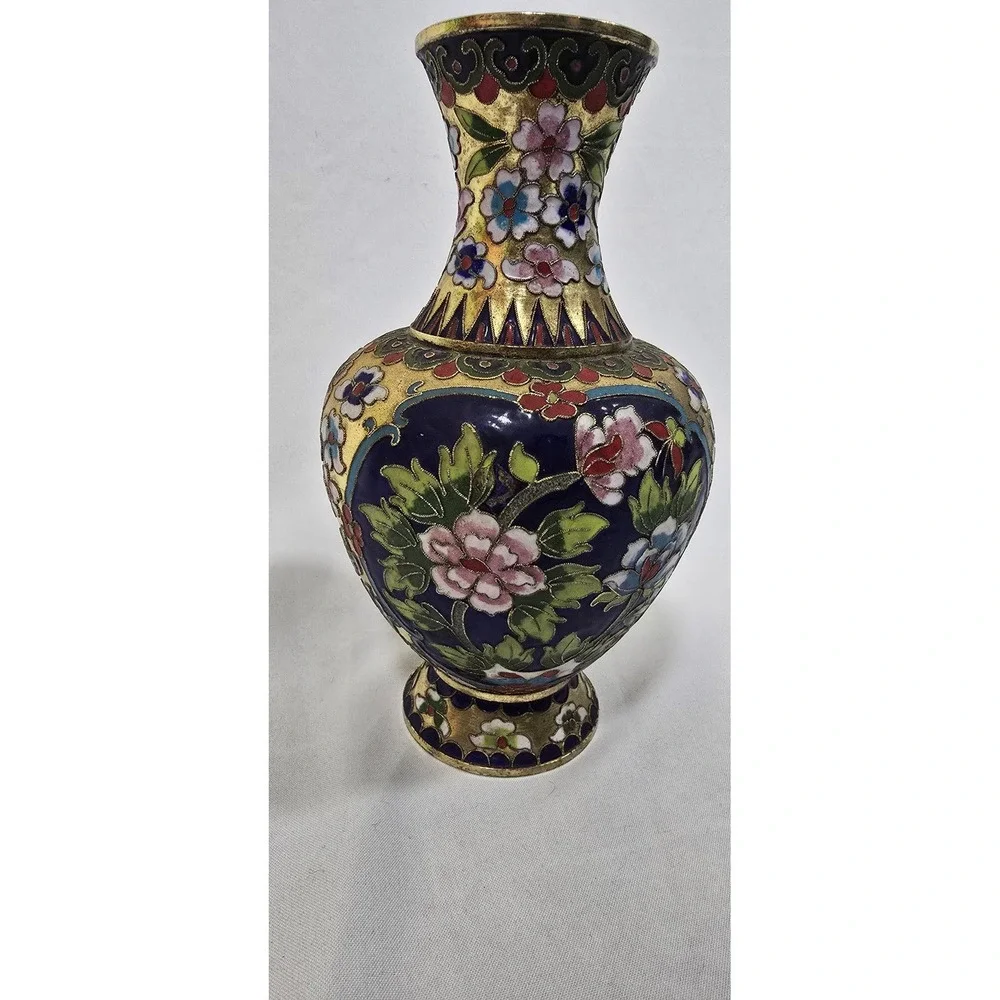 Vintage Champleve raised wire cloisonne enamel metal vase hand painted asian art